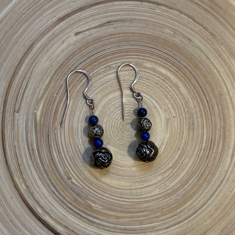 Antique 925 Sterling Silver and Lapis Lazuli Dangle Earrings